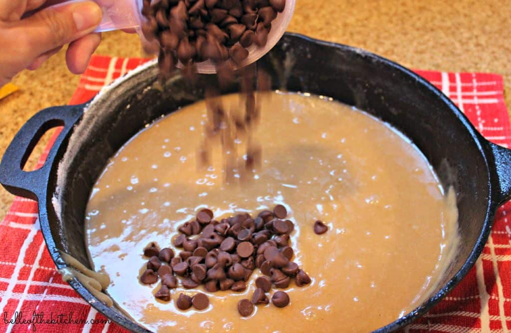 cookie batter with chocolate chips in a skillet