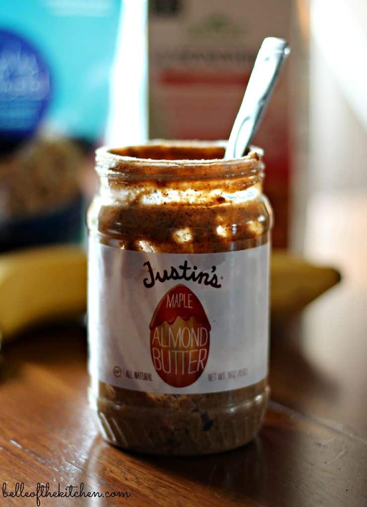 A close up of a jar of almond butter