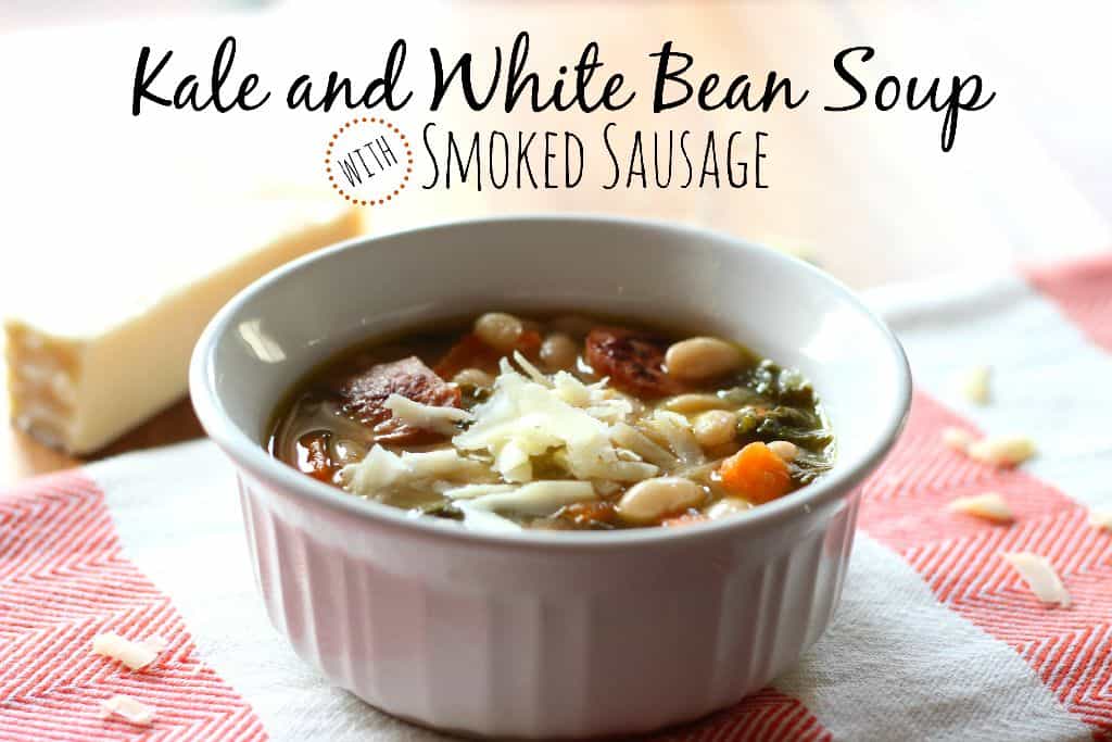 A bowl of soup with beans and sausage 