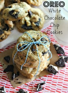 A stack of chocolate chip cookies wrapped in a blue piece of string