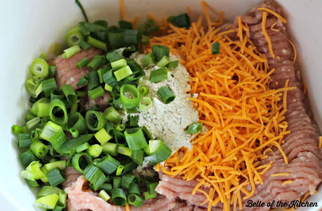 A bowl of ground turkey, green onions, and cheese