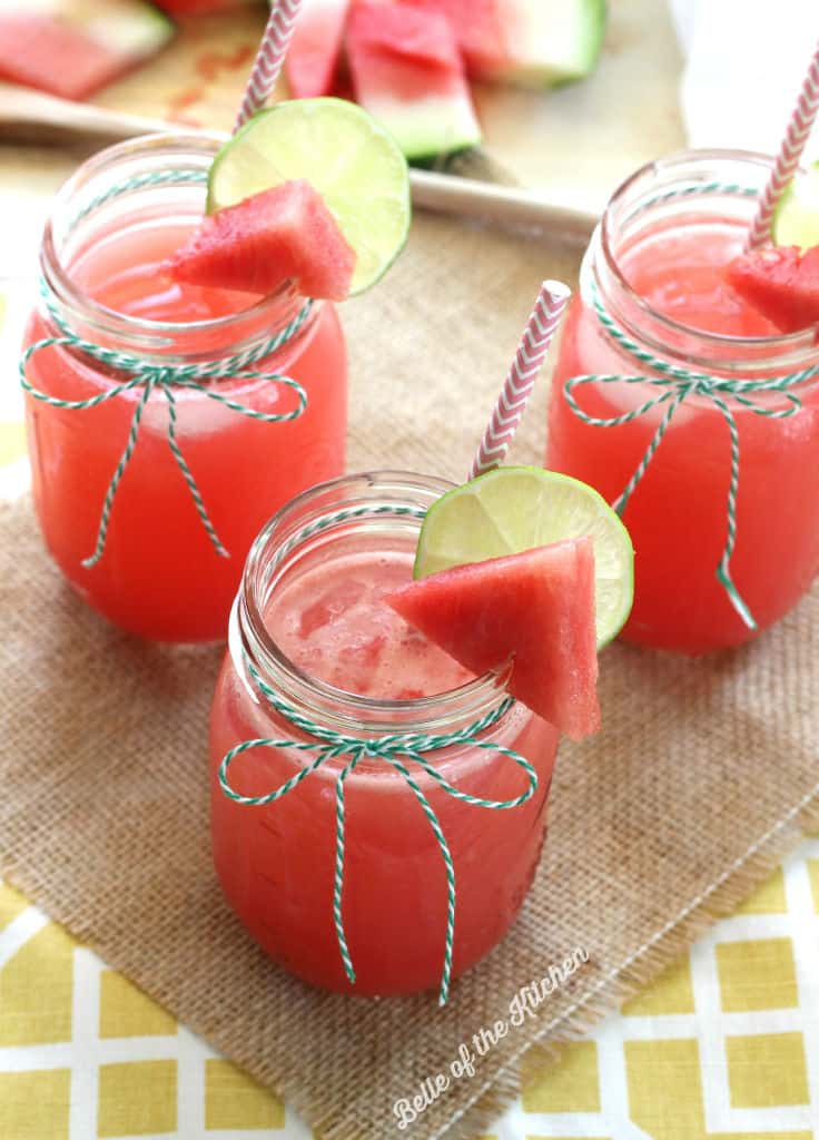 three glasses full of watermelon lemonade 