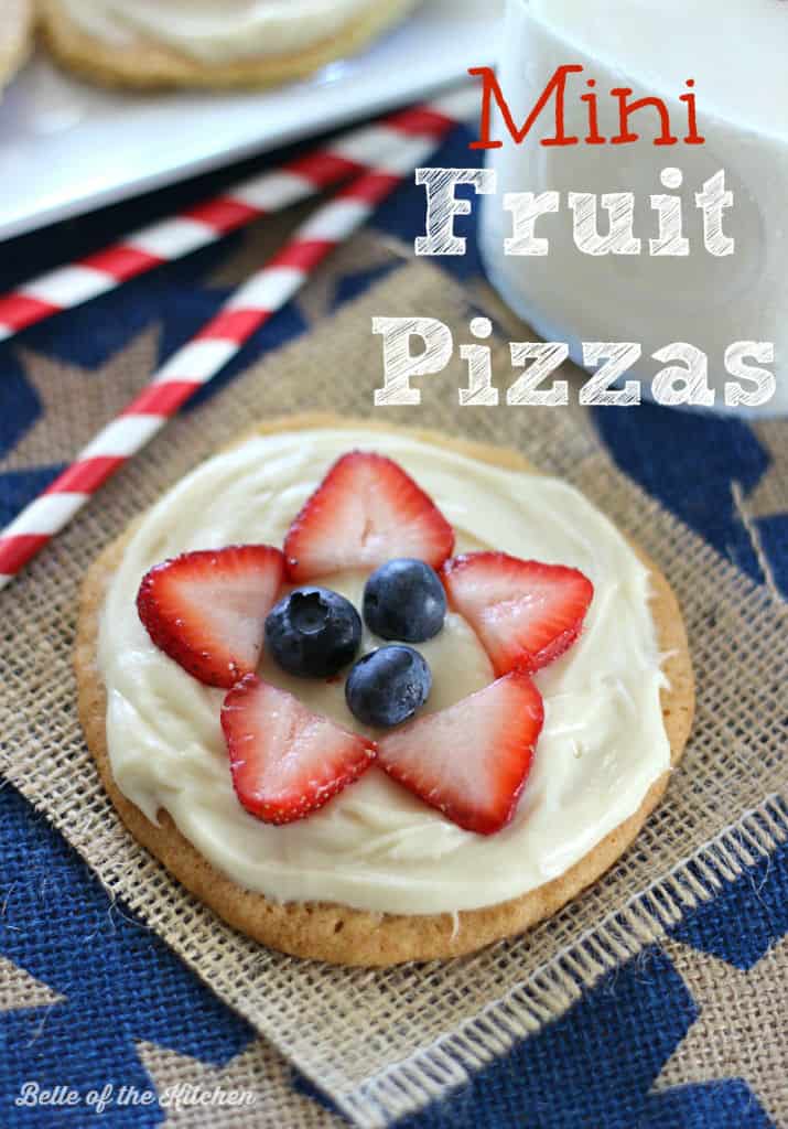 mini fruit pizzas on a burlap background