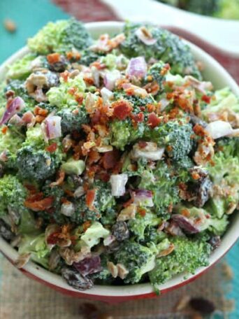 a bowl of broccoli salad