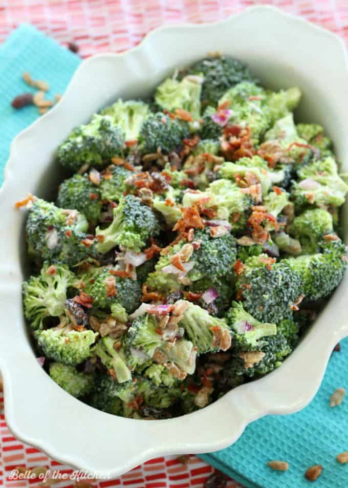 A bowl of broccoli salad with bacon