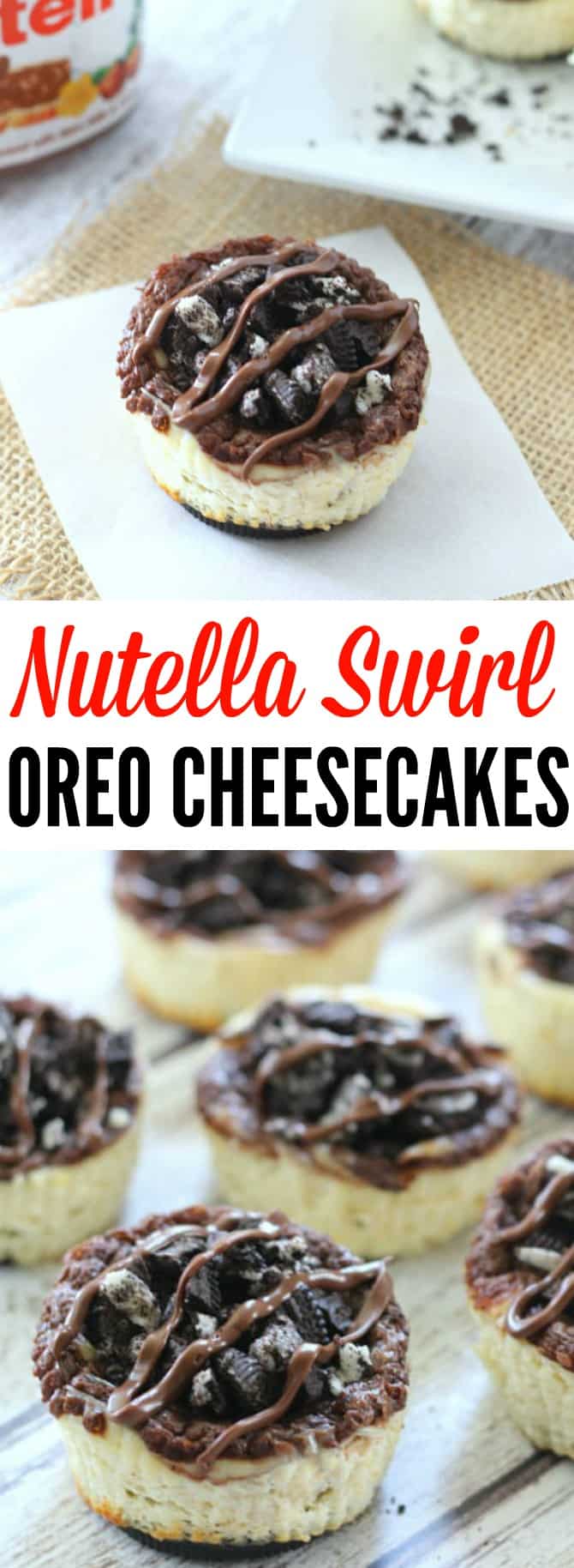 A bunch of mini cheesecakes topped with Oreos and chocolate next to a jar of Nutella 