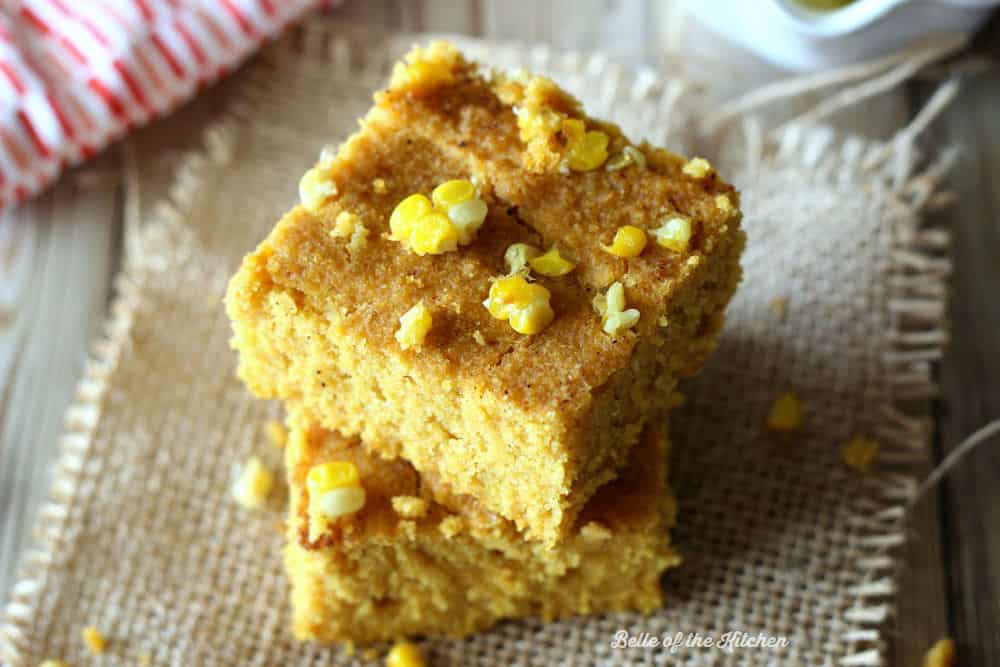 A close up of a stack of cornbread