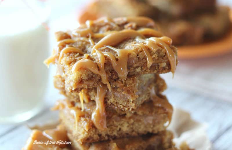 A close up of a stack of caramel bars