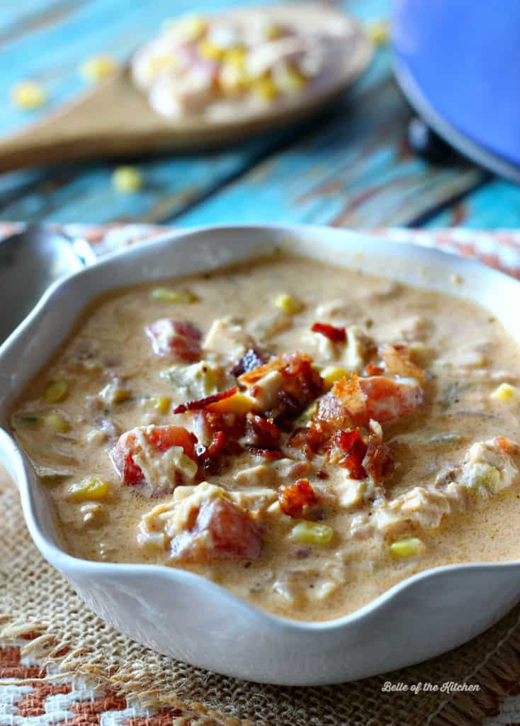 A close up of a bowl of chicken soup