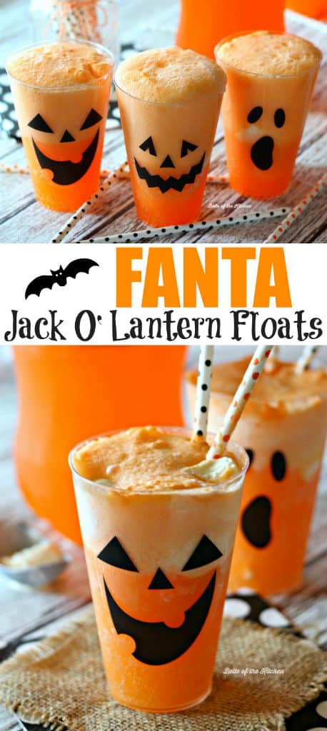 A close up of a glass with a jack o\'lantern face on the side filled with Fanta and ice cream