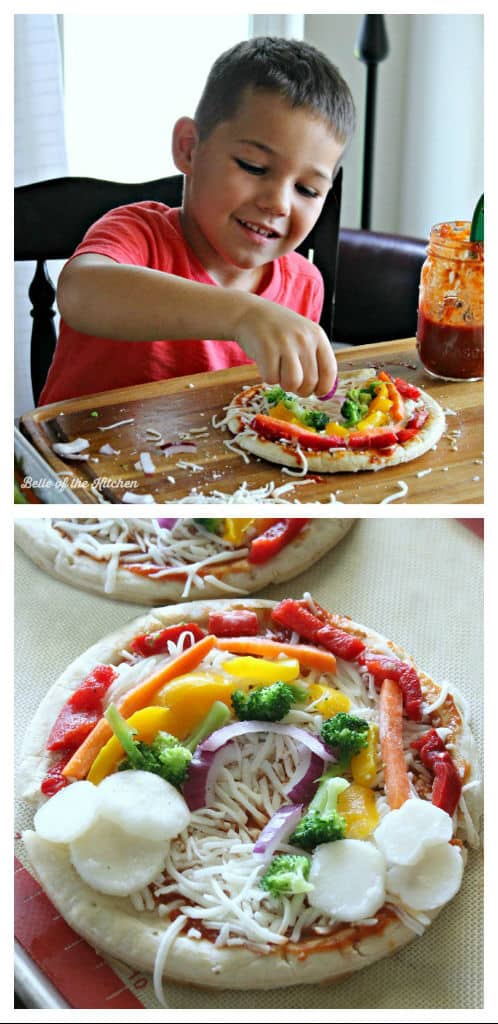 A plate with a pizza and toppings in the shape of a rainbow