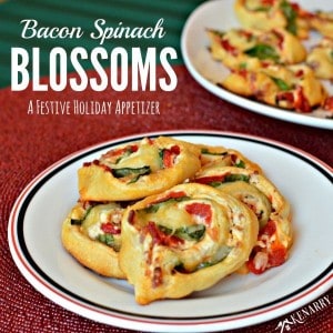 A plate of food on a table, with Bacon spinach blossoms