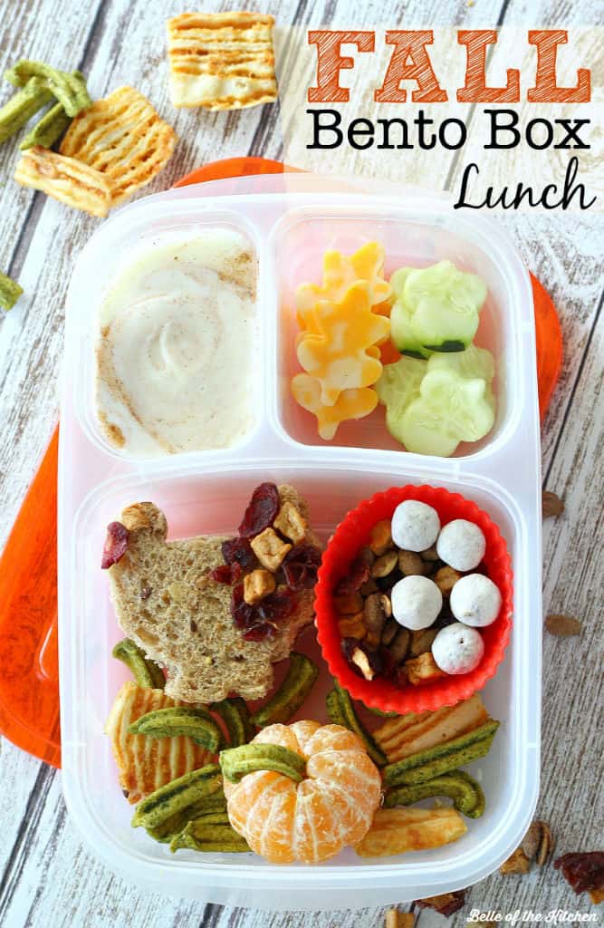 A plastic container filled with different types of food, including yogurt, cheese, cucumbers, an orange and a sandwich