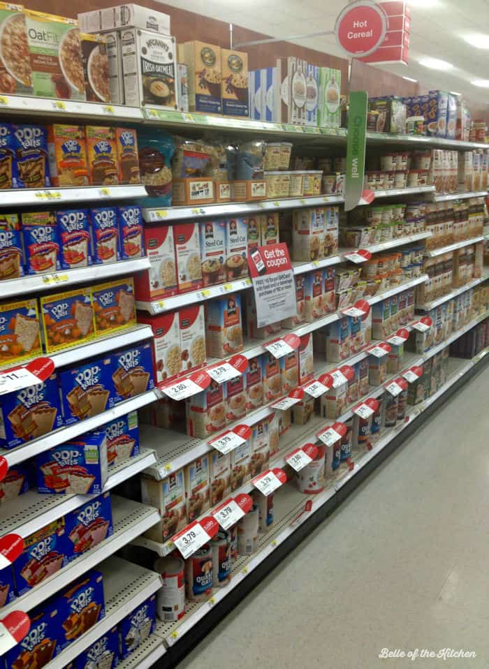 A store shelf filled with breakfast foods