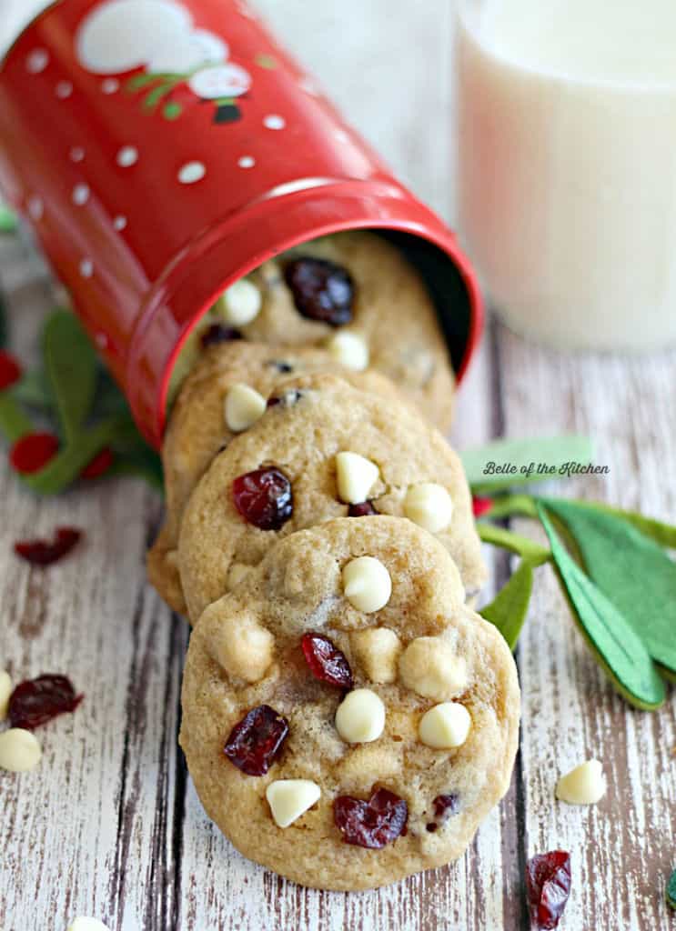 A close up cookies spilling out of a red can