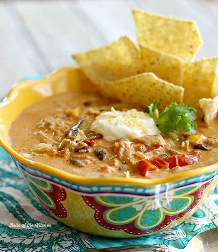 A bowl of soup with chicken, sour cream, and tortilla chips