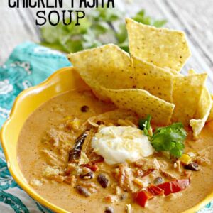 A bowl of soup with chicken, sour cream, and tortilla chips