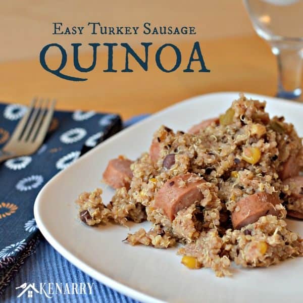 A plate of food filled with sausage and quinoa