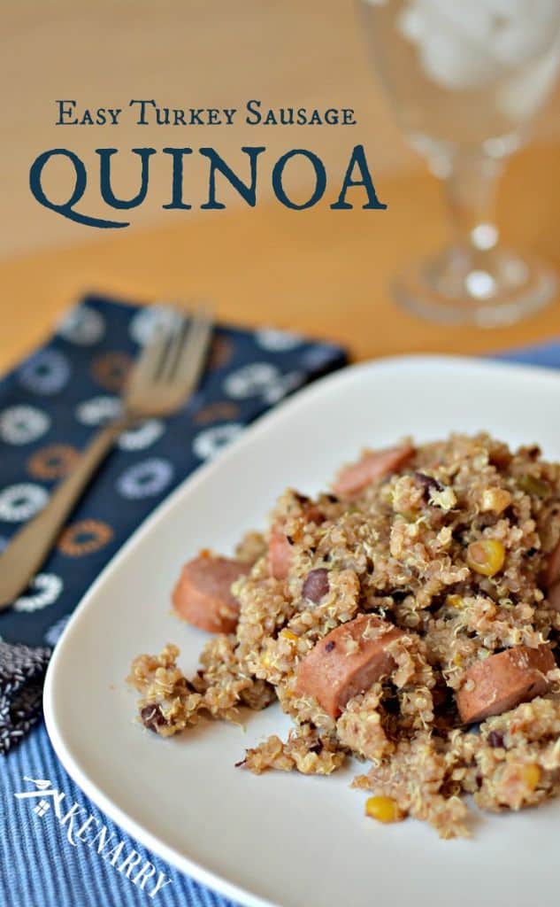 A plate of food filled with sausage and quinoa