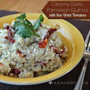 A bowl of food on a plate, with Quinoa and Garlic