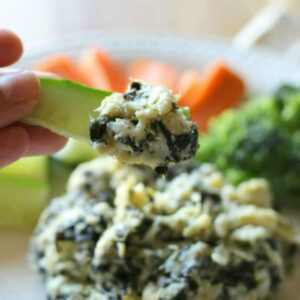 A close up of a plate of food with artichoke dip and vegetables