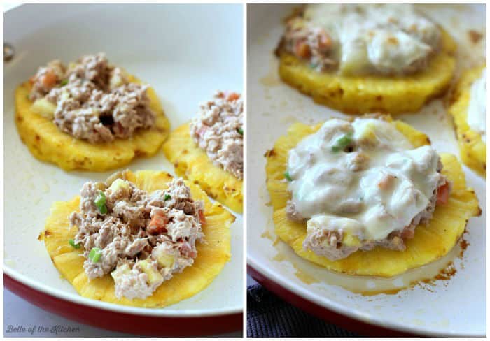 tuna melts in a skillet on top of pineapple slices