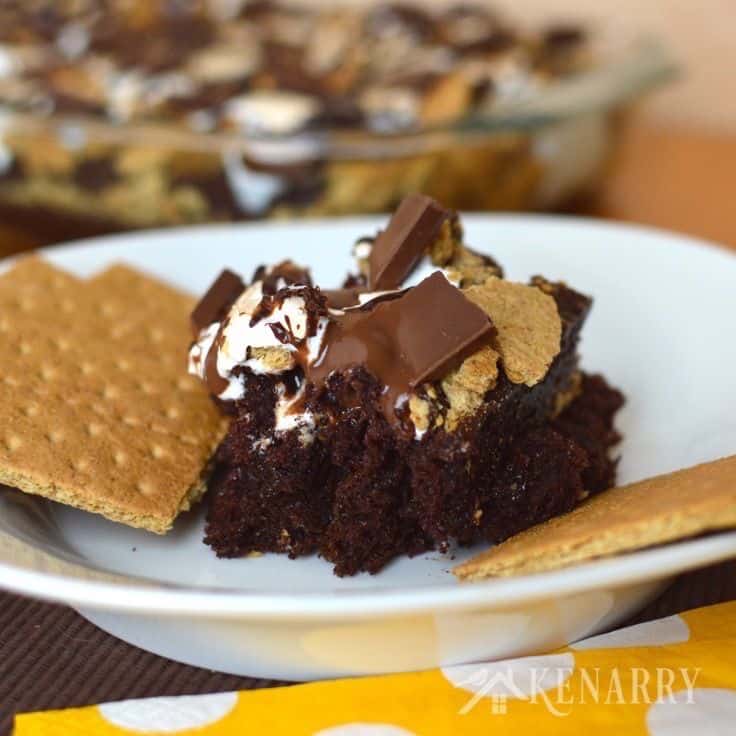 A piece of chocolate cake on a plate, with graham crackers