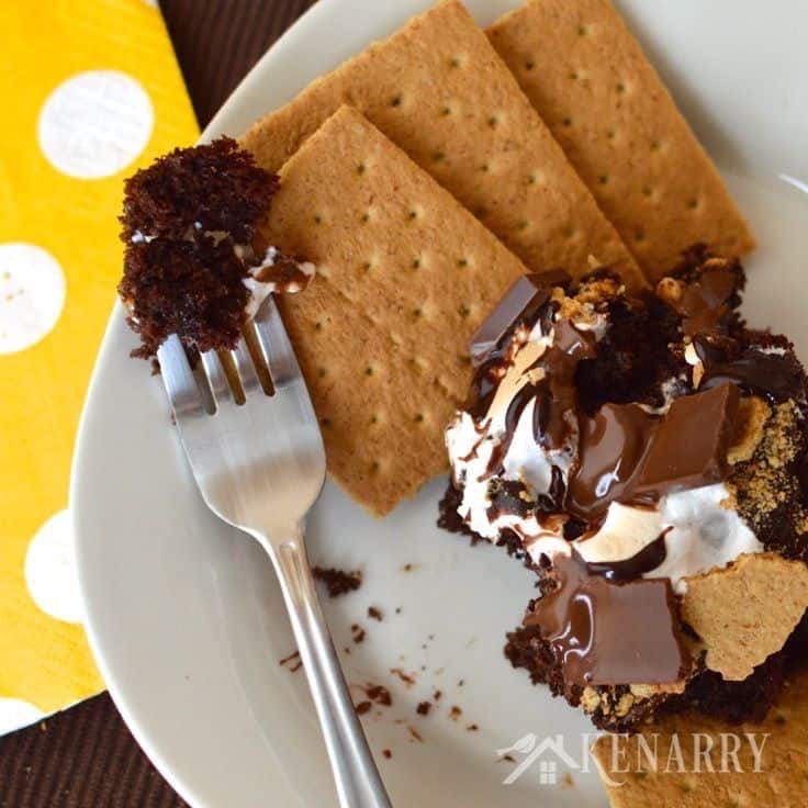 A piece of chocolate cake on a plate, with a fork taking a bite out