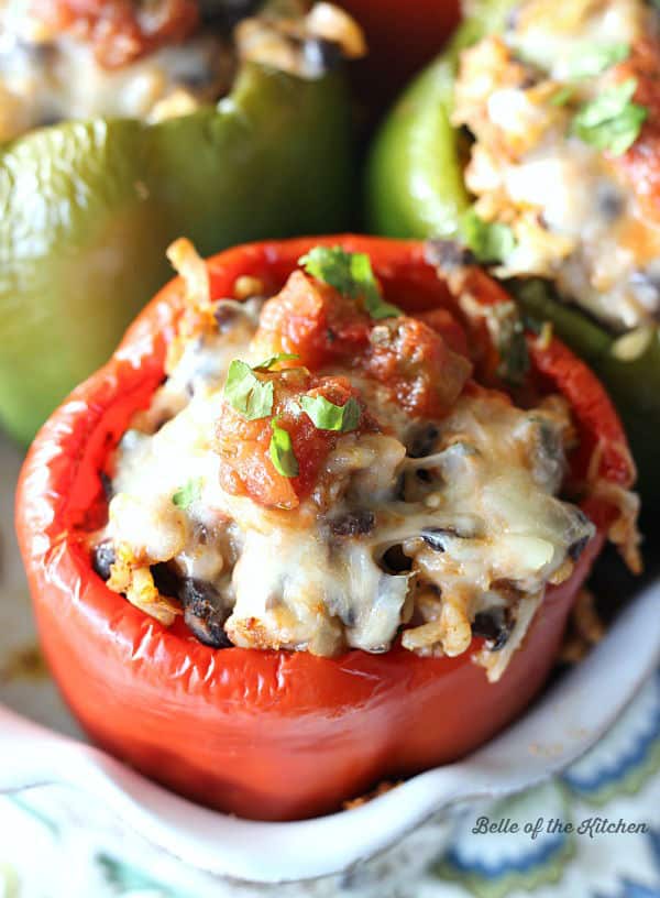 A close up of a plate of food, with Stuffed peppers 
