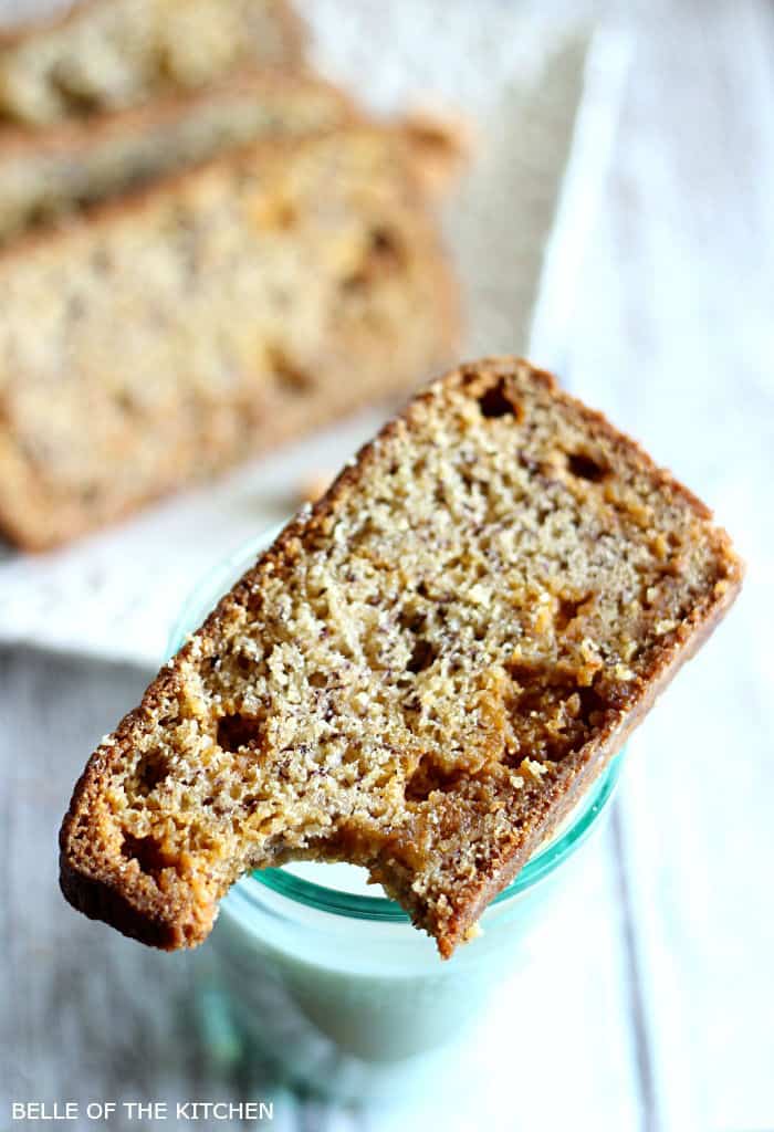 A piece of banana bread on top of a cup of milk