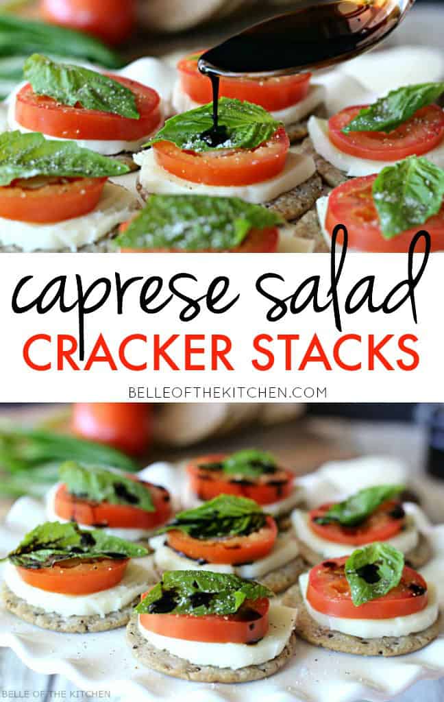 crackers topped with sliced tomato, mozzarella, basil, and balsamic glaze