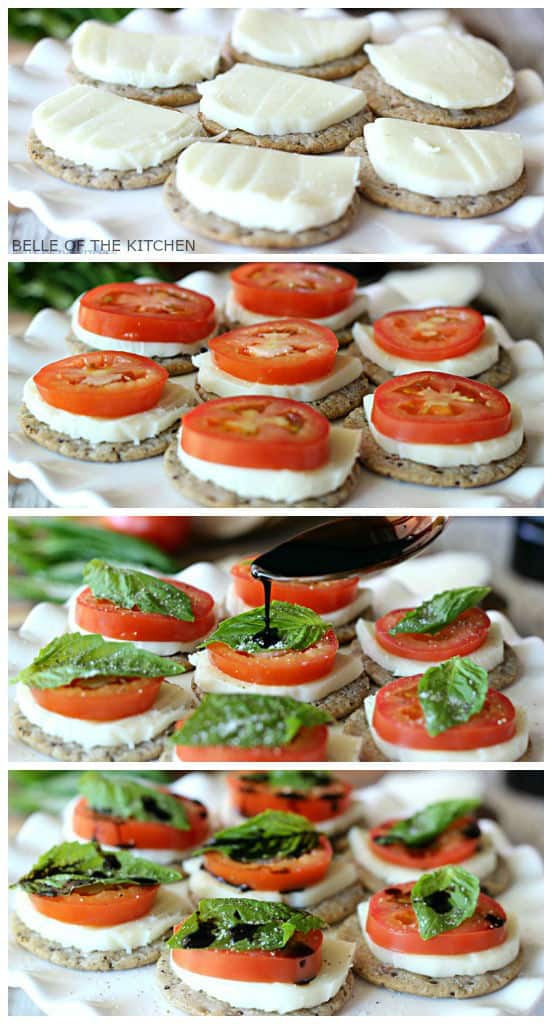 crackers topped with sliced tomato, mozzarella, basil, and balsamic glaze