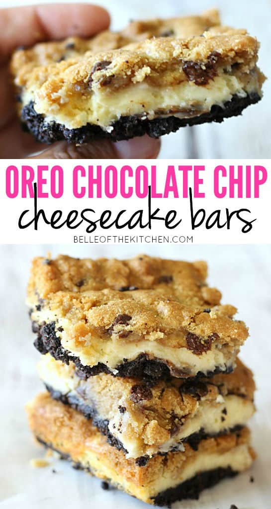 Oreo Chocolate Chip Cheesecake Bars - Belle of the Kitchen