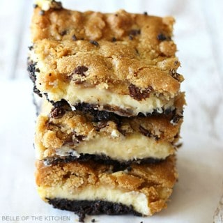 A layer of chocolate chip cookies followed by a cheesecake filling, all on top of a buttery Oreo crust. These are sinfully good!
