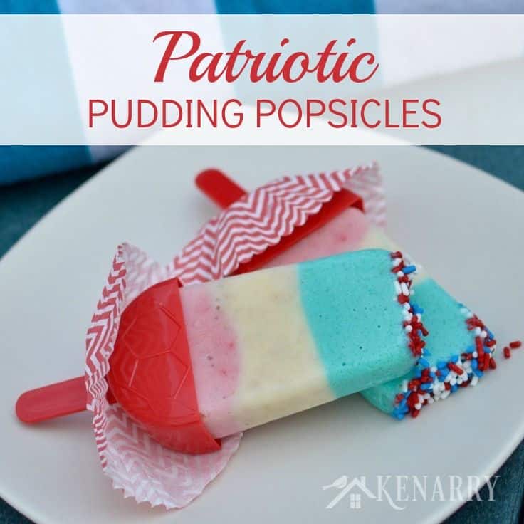 two red, white, and blue pudding popsicles on a plate