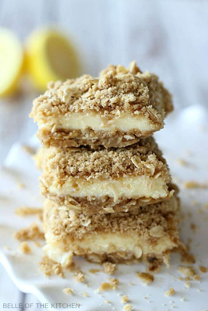 A stack of Lemon Creme Bars with a crumbly topping