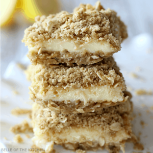 A stack of Lemon Creme Bars with streusel on top
