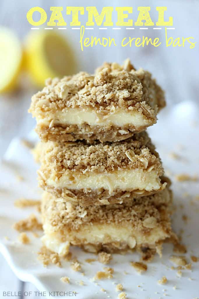 A stack of Lemon Creme Bars with crumble topping
