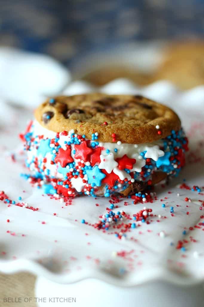 A close up of an ice cream sandwiche covered in red, white, and blue sprinkles on a plate