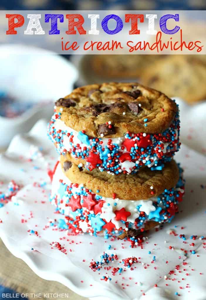 A close up of a stack of ice cream sandwiches covered in red, white, and blue sprinkles on a plate