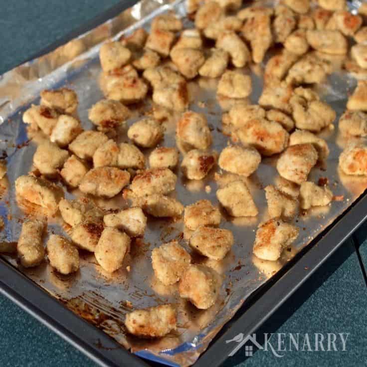 a sheet pan filled with chicken nuggets 