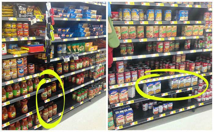 A store shelf filled with spaghetti sauce