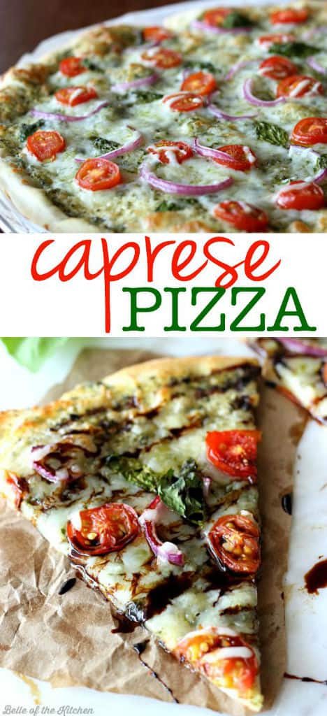 a slice of pizza topped with red onions, tomatoes, and basil and drizzled with balsamic