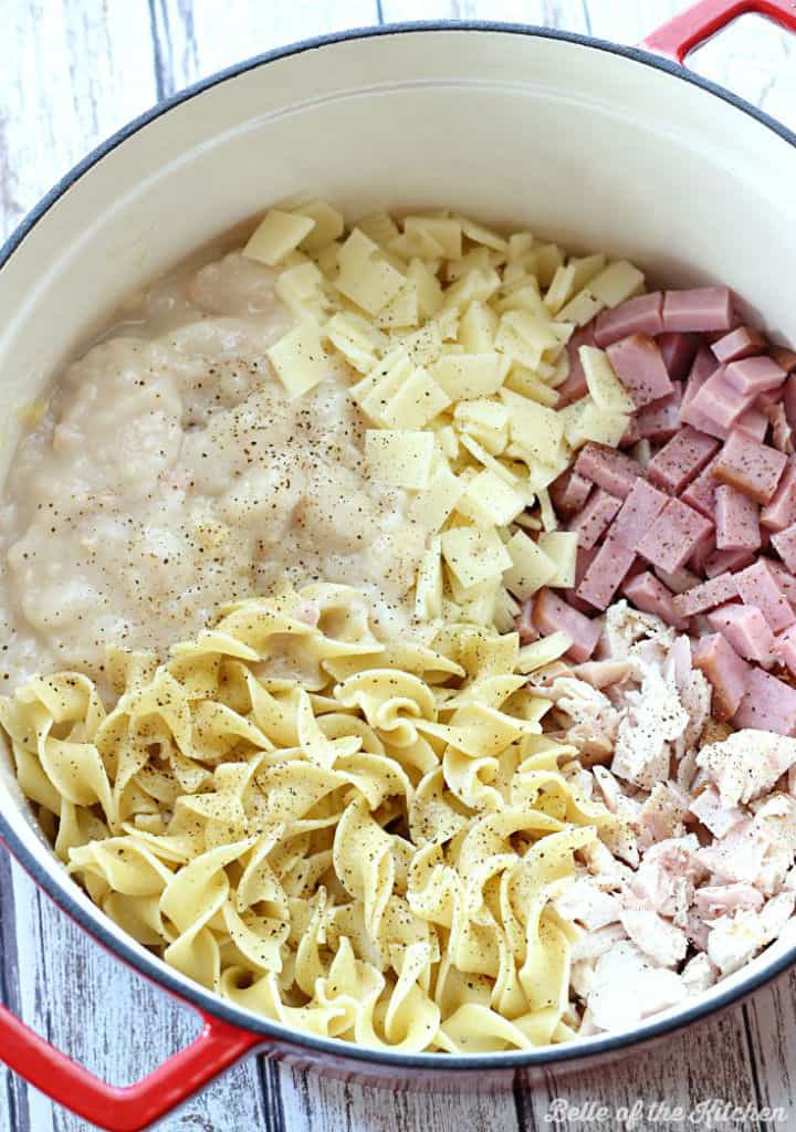 a dutch oven filled with cheese, ham, chicken, noodles, and soup