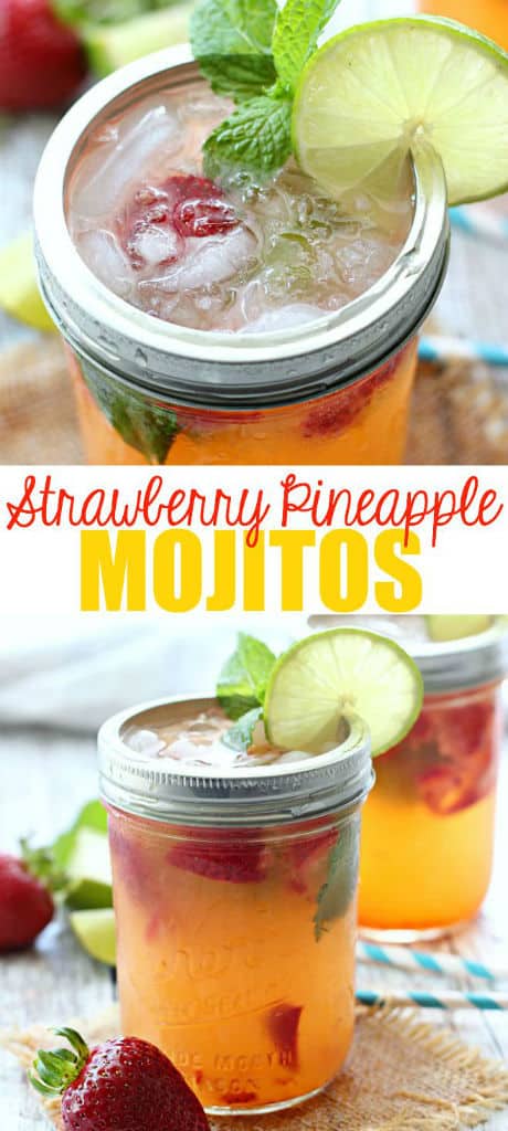 A close up of mason jars filled with strawberry mojitos, fresh strawberries, mint, and lime slices on the rim