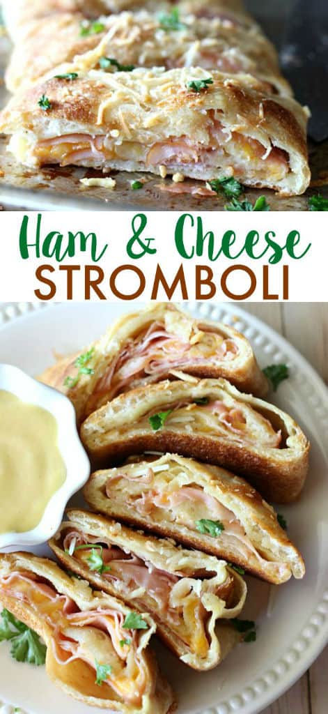 A plate of ham and cheese Stromboli with a bowl of honey mustard