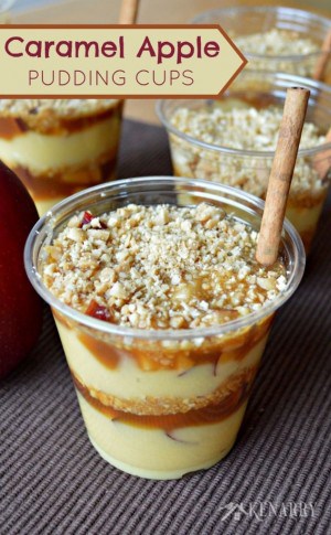 pudding cups filled with apples, a cinnamon stick, and crumble topping