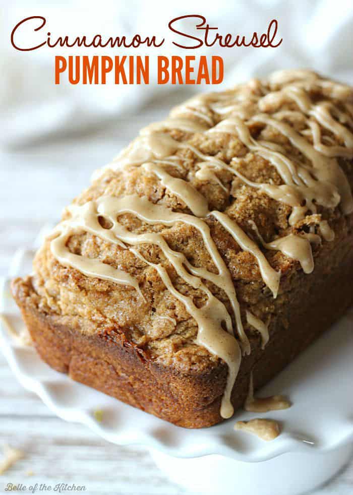 A close up of a loaf of pumpkin bread with maple drizzle