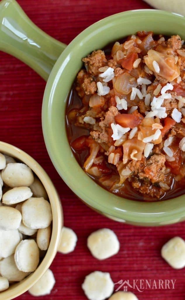 A green bowl of cabbage soup