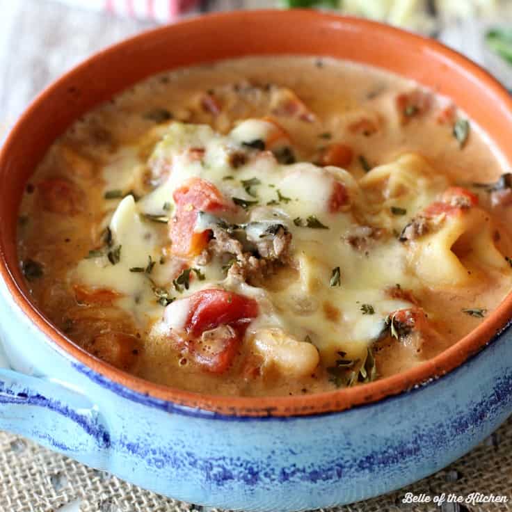 A bowl of tortellini soup with melted cheese on top